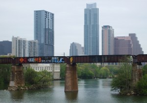 View to downtown Austin from the footbridge near South Lamar Blvd.