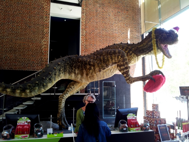 Dinosaur with Christmas hat in West Australian Museum