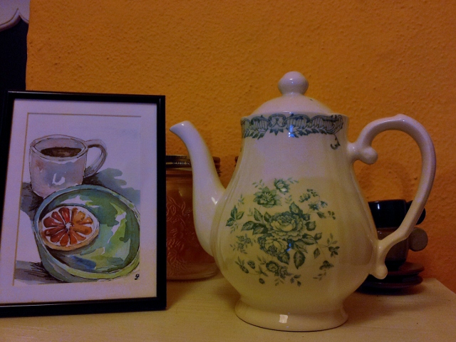 Teapot and watercolour postcard