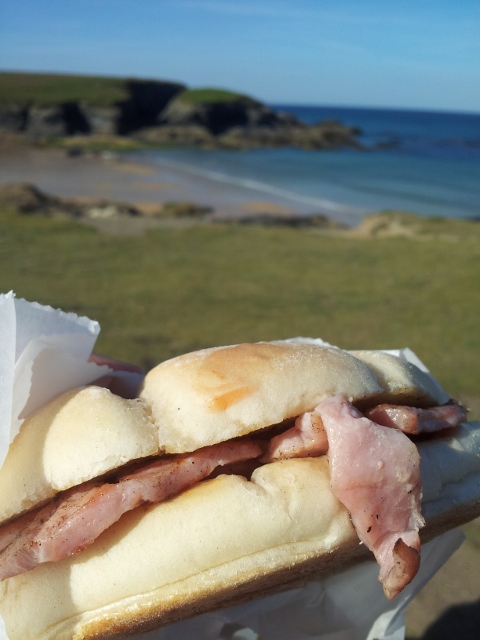 A bacon bap in Treyarnon Bay